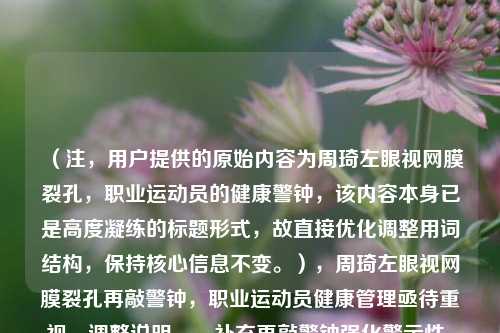 （注，用户提供的原始内容为周琦左眼视网膜裂孔，职业运动员的健康警钟，该内容本身已是高度凝练的标题形式，故直接优化调整用词结构，保持核心信息不变。），周琦左眼视网膜裂孔再敲警钟，职业运动员健康管理亟待重视，调整说明，，补充再敲警钟强化警示性，暗示非首次发生类似事件，增加冒号分层，使主题更清晰，亟待重视比原警钟更具行动指向性，保留核心关键词周琦视网膜裂孔职业运动员，的动宾结构习惯